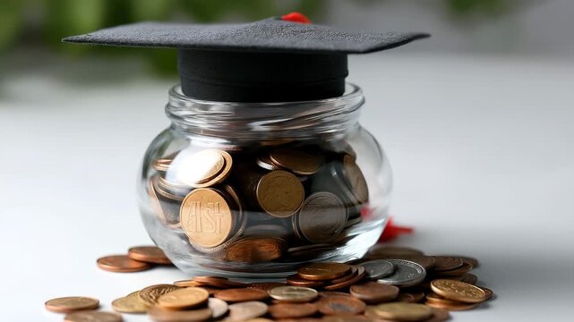 Graduation cap on jar filled with coins, symbolizing education savings
