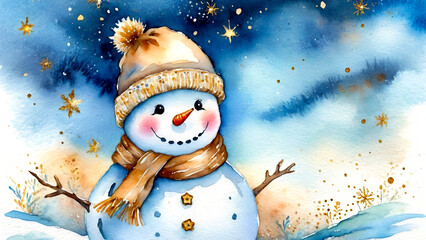 A wish upon a star: charming watercolor painting of a friendly snowman in a winter wonderland