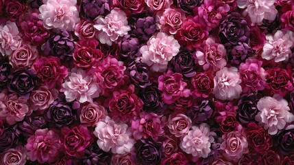 Vibrant floral background with a mix of pink and purple roses and peonies creating a romantic wall