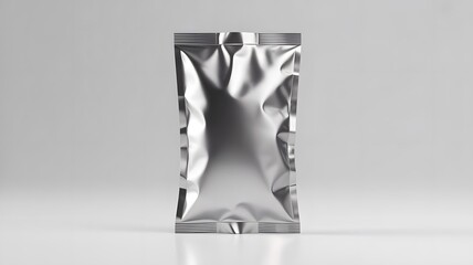 Standing Silver Foil Snack Pouch with Flat Bottom &ndash; Minimal Packaging Mockup on Gray Background