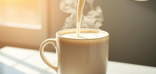 Creamy milk pouring into a steaming coffee mug, morning light, rustic, shadow