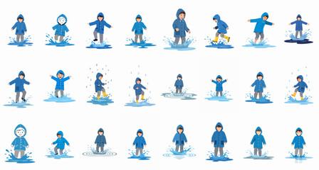 Collection of happy children wearing blue raincoats and playing joyfully by jumping and splashing in water puddles on a rainy day.