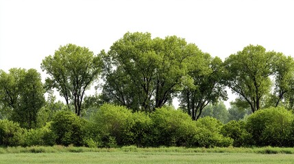 Fototapeta premium Vibrant green trees and bushes form a natural border over a grassy field on a white background