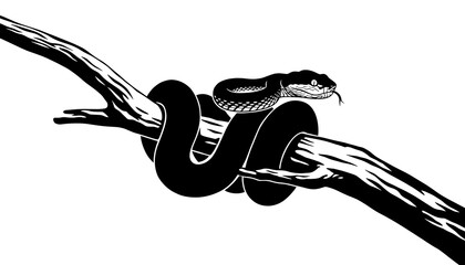 Black and white snake on branch illustration, Minimalist snake silhouette vector art, Ink style reptile graphic design
