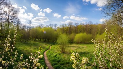 Dreamy Spring Forest Path with Blooming Willow Branches,
spring landscape with grass and blue sky