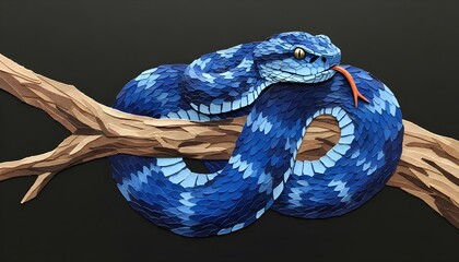 3D paper cut art blue pit viper, Handcrafted paper scale snake sculpture, Blue viper on branch paper collage