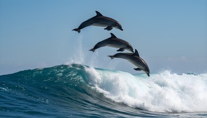 Realistic dolphins jumping through ocean wave, Three dolphins leaping in blue sea, Action shot of dolphins at surf
