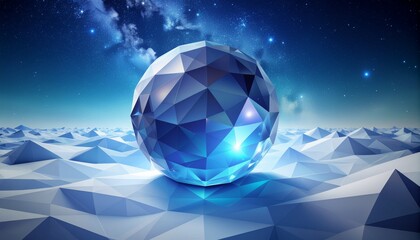 Glowing blue crystal sphere in futuristic polygonal landscape under starry night sky