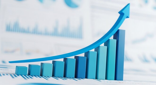 A rising blue bar graph with an upward trending arrow indicating financial growth and positive economic performance - Powered by Adobe