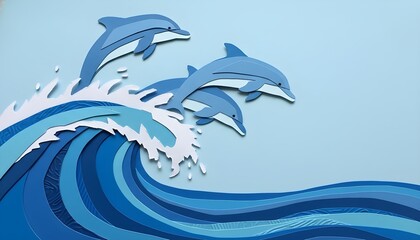 Paper cut art dolphins jumping in waves, Blue paper layers ocean wave scene, Handcrafted paper craft marine life