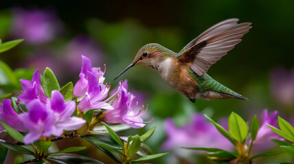 Obraz premium Hummingbird sipping nectar from blossoms, scattered petals, gentle sunlight, serene nature photography, wildlife moment, spring scene, with copy space
