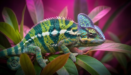 Exotic Chameleon on Branch Portrait, Vibrant Reptile in Tropical Habitat, Detailed Chameleon Macro Photography