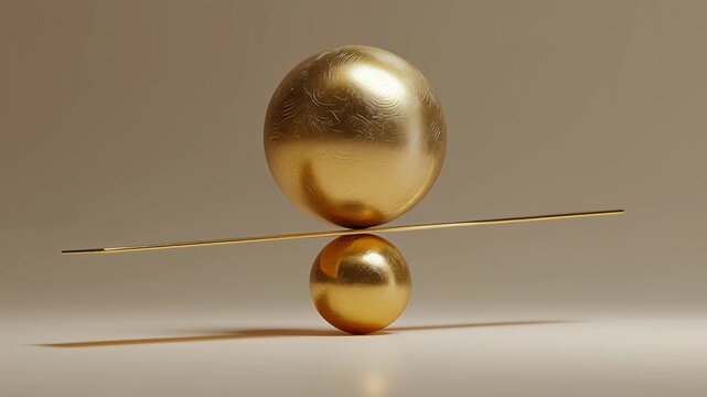A gold ball is balanced on top of another gold ball. Concept of balance and harmony. Gold asset endurance concept, balanced composition, refined understated luxury, gold financial resilience