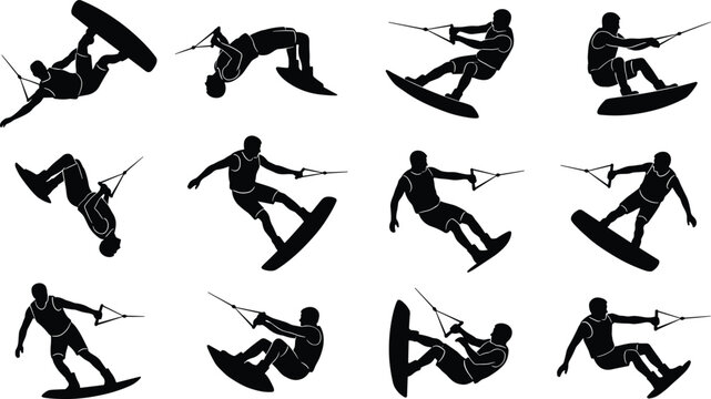 Silhouette set of wakeboarder performing aerial tricks and dynamic water sports actions isolated on white background for design use