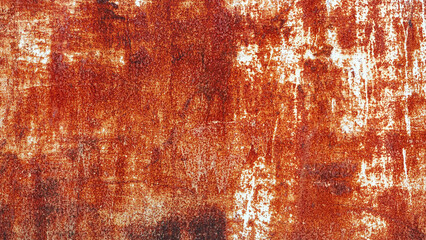 Heavily rusted metal surface texture, Orange and brown corrosion on weathered steel sheet.