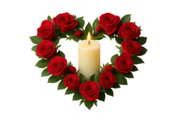 Red roses heart shape with burning candle on transparent background