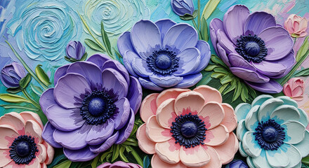 Fototapeta premium 3D Floral Relief Mural wallpaper with Colorful Pastel Anemone Flowers 3D Wall Mural. floral landscapes. 3d floral art, Luxurious textile tile wall art