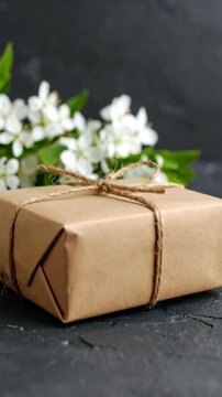 Brown paper wrapped gift tied with twine resting on dark surface with white flowering branch in background