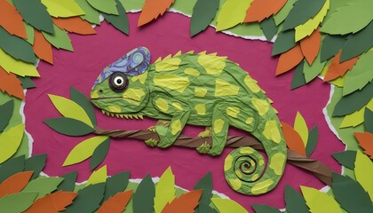 Handmade Paper Collage Chameleon, Textured Paper Art Reptile, DIY Paper Craft Chameleon Scene