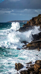 waves crashing on rocky coastline, 