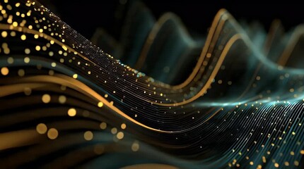 Abstract flowing data stream with golden and teal light trails against a dark background futuristic technology concept for digital innovation connectivity and network visualization - Powered by Adobe