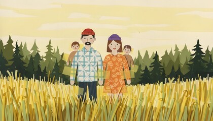 Paper cut art family in meadow, Creative handmade family nature scene, Textured paper forest family portrait