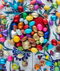 Turkish Coffee in the Colorful Candy and Chocolate, Ramadan Background Photo, Traditional Ottoman Desserts, Turkish Delight and Baklava, &Uuml;sk&uuml;dar Istanbul, Turkiye (Turkey)