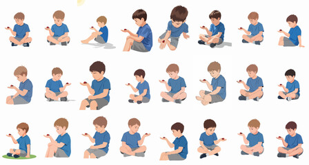 Young boy characters in various sitting poses observing a ladybug on their hand, vector set for childhood and nature themes.