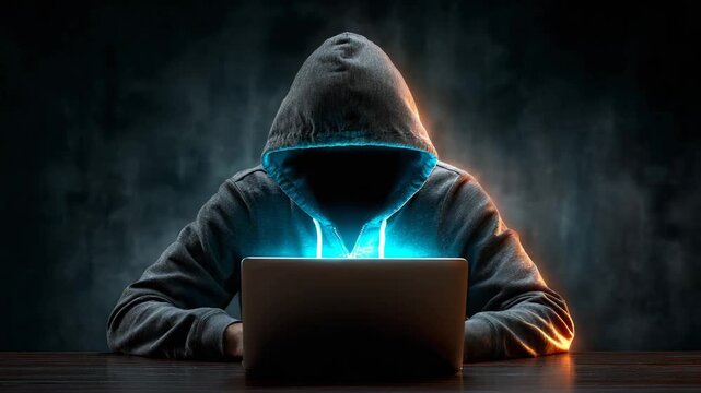 Mysterious hacker in hoodie working on laptop in dark room