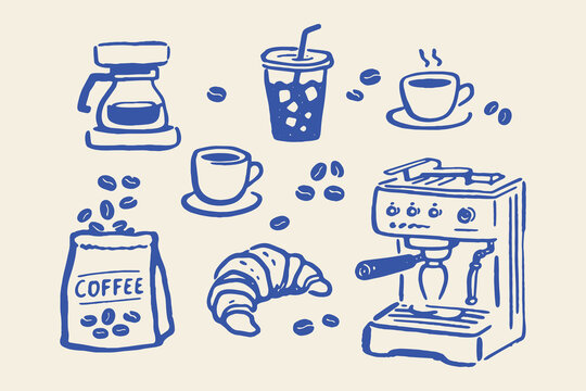 Coffee Set  naive Doodle Outline Icon Vector Illustration