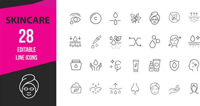 Skincare Line Icons Set of 28 &ndash; Beauty, Cosmetic, Face Care, Natural and Dermatology Outline Symbols