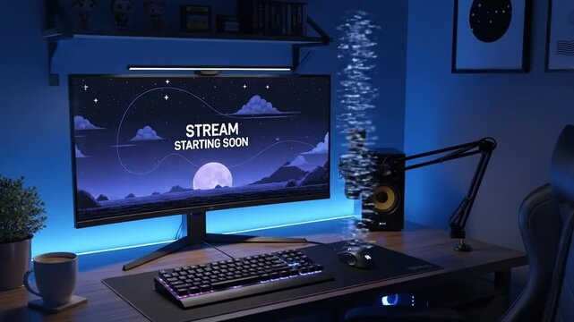 Lo-fi gaming stream setup with blue lighting and 'starting soon' overlay.