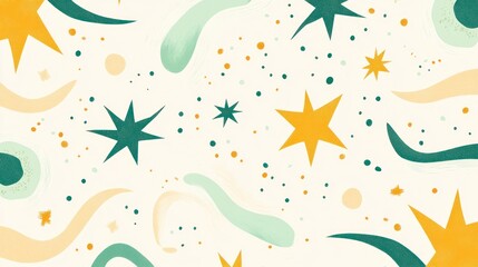 Abstract background with playful stars, swirls, and dots in muted colors.
