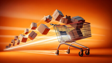 Dynamic E-commerce: Shopping Cart with Flying Delivery Boxes and Speed Trails on Orange Background