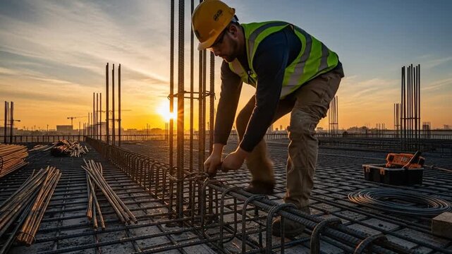 Construction worker secures rebar grid, laying foundation at sunset.