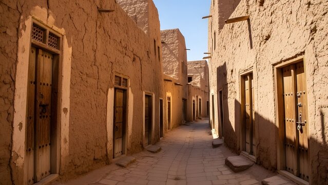 Narrow alleyway inside the old Al-Ula village, Saudi Arabia, featuring clay mudbrick walls and traditional wooden doors. Quiet historic passage reflecting authentic Arabian heritage architecture.