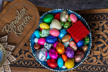 Turkish Coffee in the Colorful Candy and Chocolate, Ramadan Background Photo, Traditional Ottoman Desserts, Turkish Delight and Baklava, &Uuml;sk&uuml;dar Istanbul, Turkiye (Turkey)