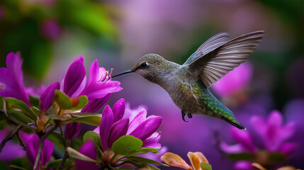 Obraz premium Hummingbird drinking nectar from blossoms, scattered petals, gentle sunlight, serene wildlife scene, nature photography, spring beauty, with copy space