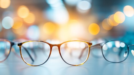 Different styles of eyeglasses are artistically arranged on a table in an optical shop. Soft, warm lighting creates a cozy atmosphere as customers explore their options