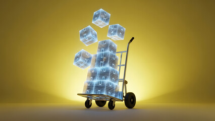 Hand Truck Transporting Glowing Blue Cubes on Yellow Background - Digital Data Delivery Concept