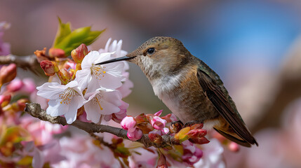 Obraz premium Hummingbird sipping nectar from blossoms, scattered petals, gentle sunlight, serene nature photography, wildlife moment, spring scene, with copy space