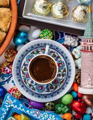 Turkish Coffee in the Colorful Candy and Chocolate, Ramadan Background Photo, Traditional Ottoman Desserts, Turkish Delight and Baklava, &Uuml;sk&uuml;dar Istanbul, Turkiye (Turkey)