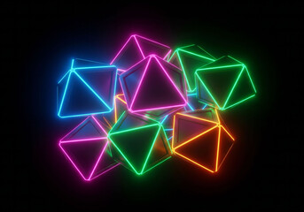 Vibrant neon triangles glowing in dark space