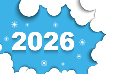 Blue design "Happy New Year 2026" in paper cut style, business. Numbers surrounded by clouds 2026. Blue background, festive night flashes. Elements for calendar, greeting card, vector illustration
