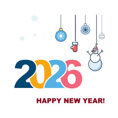 2026 Happy New Year, flat design cut paper drawing, pattern, snowman, gifts, Blue red numbers. Fine art, concept. Holiday poster, white background. Elements for calendar, greeting. Vector illustration
