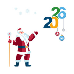 Happy New Year 2026. New Year and Christmas gifts. Santa Claus hangs festive toys, greeting cards, numbers 2026. Flat red design poster, holiday. Snowflakes, calendar, flyer. Vector illustration