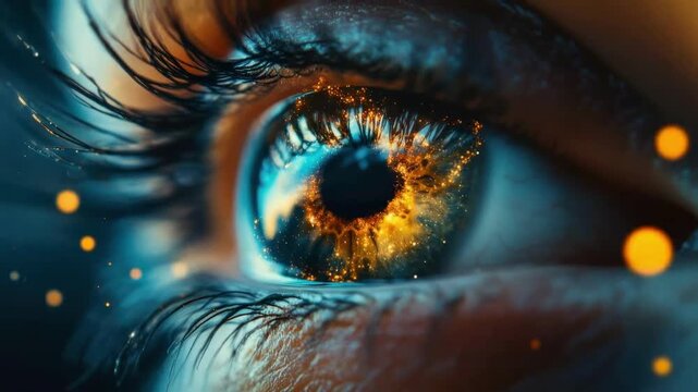 Close-up of a human eye with a fiery galaxy reflection.