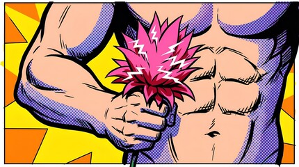 Comic style masculine health art, Pop art male fitness concept, Vibrant lightning and flower graphic