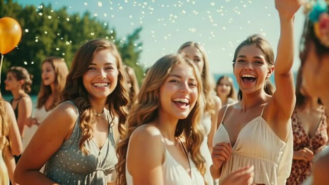 Joyful woman with flower crown at a festive outdoor gathering.