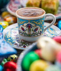 Turkish Coffee in the Colorful Candy and Chocolate, Ramadan Background Photo, Traditional Ottoman Desserts, Turkish Delight and Baklava, &Uuml;sk&uuml;dar Istanbul, Turkiye (Turkey)